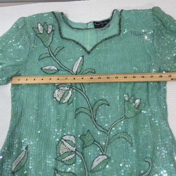 Vtg Royal Feelings Sz M Blouse Sequin Beaded Floral Top Sea Foam Green Cruise - Picture 8 of 13